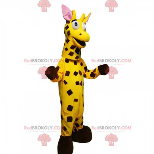 Maskot žirafa s originálním jasně žlutým kabátem -