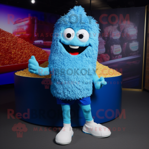 Personaje de traje de mascota Blue Fried Rice vestido con una camiseta Henley y cordones de zapatos