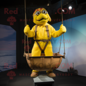 Lemon Yellow Trapeze Artist mascot costume character dressed with a Cargo Pants and Gloves