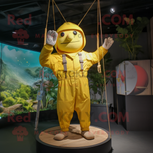 Lemon Yellow Trapeze Artist mascot costume character dressed with a Cargo Pants and Gloves