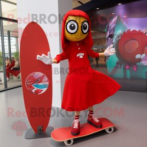 Rød skateboard maskot drakt karakter kledd med en mini kjole og klokker