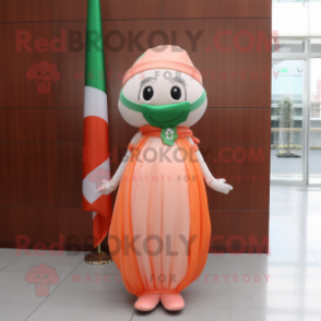 Peach Irish Flag mascot costume character dressed with a Empire Waist Dress and Scarf clips