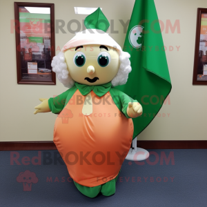 Personaje de disfraz de mascota de la bandera irlandesa de melocotón vestido con un vestido de cintura imperio y clips de bufand