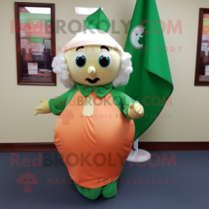 Peach Irish Flag mascot costume character dressed with a Empire Waist Dress and Scarf clips