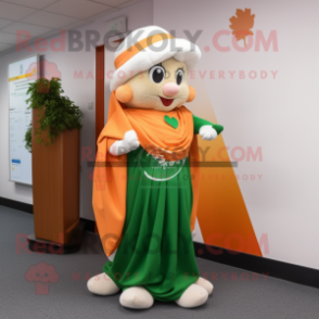 Peach Irish Flag mascot costume character dressed with a Empire Waist Dress and Scarf clips