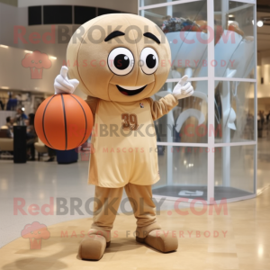 Tan Basketball Ball maskot kostyme karakter kledd med en poloskjorte og ringer