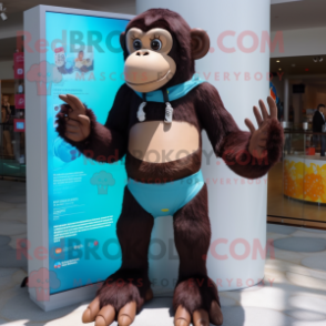 Brown Chimpanzee mascot costume character dressed with a One-Piece Swimsuit and Digital watches