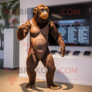 Brown Chimpanzee mascot costume character dressed with a One-Piece Swimsuit and Digital watches