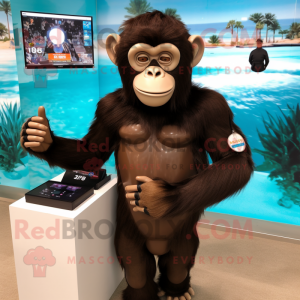 Brown Chimpanzee mascot costume character dressed with a One-Piece Swimsuit and Digital watches