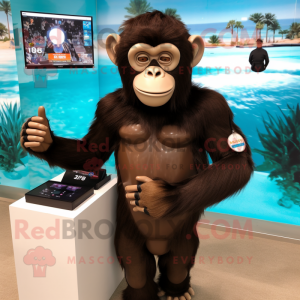 Personaje de traje de mascota de chimpancé marrón vestido con un traje de baño de una pieza y relojes digitales