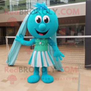 Turquoise Volleyball Net mascot costume character dressed with a Pleated Skirt and Watches