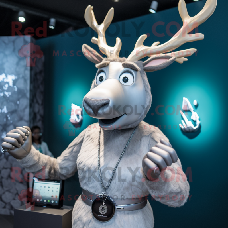 Silver Elk mascot costume character dressed with a Sheath Dress and Smartwatches