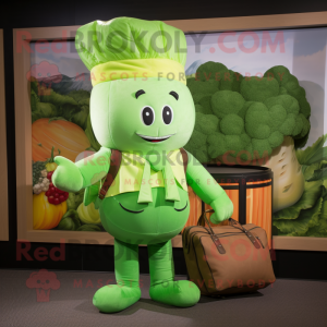 Personaje de traje de mascota de nabo verde vestido con pantalones cargo y mitones