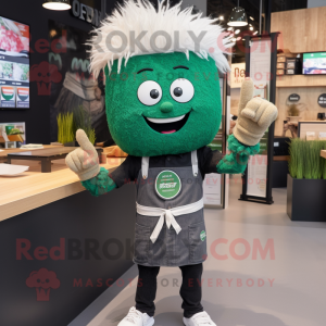 Forest Green Ramen mascot costume character dressed with a Henley Shirt and Digital watches