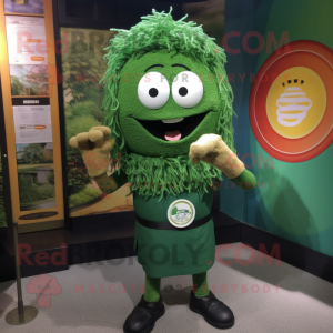 Personaje de disfraz de mascota Forest Green Ramen vestido con una camiseta henley y relojes digitales