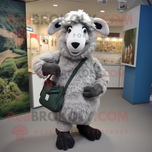 Gray Suffolk Sheep mascot costume character dressed with a V-Neck Tee and Clutch bags