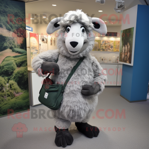 Personaje de traje de mascota Grey Suffolk Sheep vestido con una camiseta con cuello en V y bolsos de embrague
