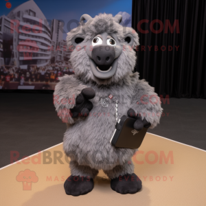 Gray Suffolk Sheep mascot costume character dressed with a V-Neck Tee and Clutch bags