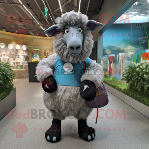 Gray Suffolk Sheep mascot costume character dressed with a V-Neck Tee and Clutch bags