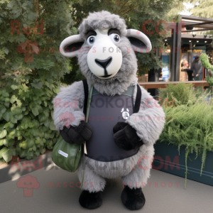 Gray Suffolk Sheep mascot costume character dressed with a V-Neck Tee and Clutch bags