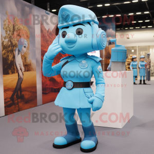 Sky Blue Commando mascot costume character dressed with a Mini Skirt and Cufflinks