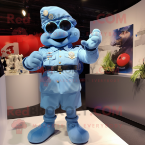 Sky Blue Commando mascot costume character dressed with a Mini Skirt and Cufflinks