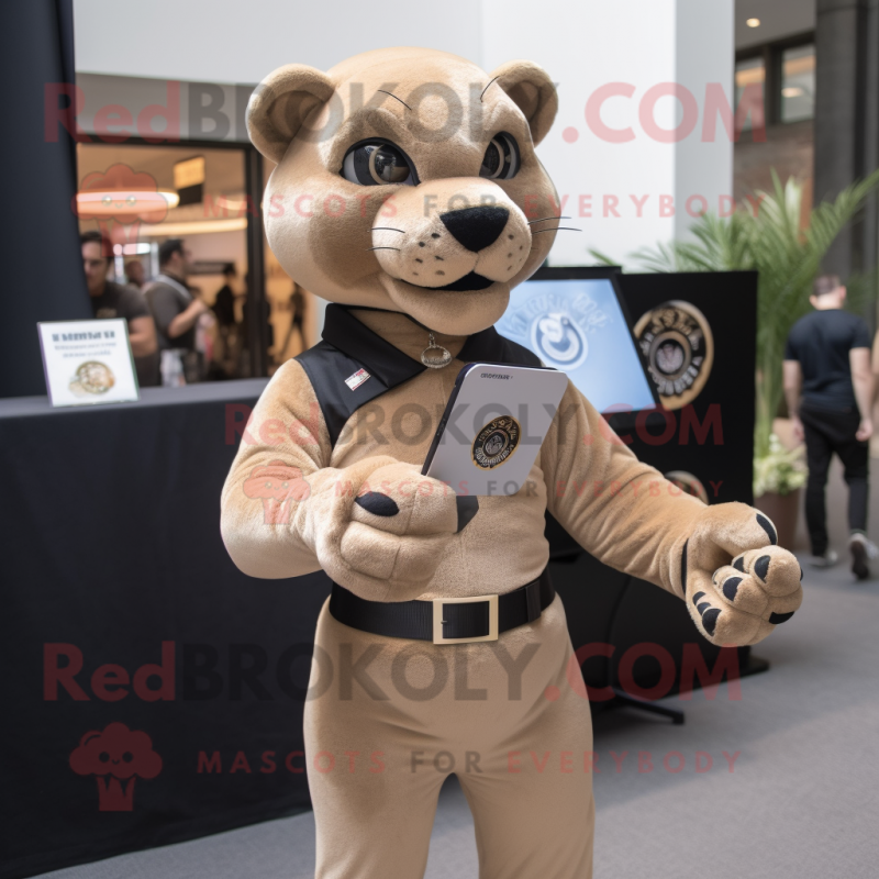 Tan Panther mascot costume character dressed with a Bodysuit and Clutch bags Tan Panther mascot costume character dressed with a Bodysuit and Clutch bags