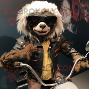 Cream Sloth Bear mascot costume character dressed with a Biker Jacket and Cummerbunds