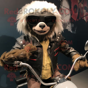 Cream Sloth Bear maskot drakt figur kledd med en bikerjakke og cummerbunds
