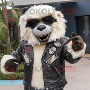 Cream Sloth Bear mascot costume character dressed with a Biker Jacket and Cummerbunds