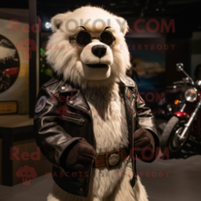 Cream Sloth Bear mascot costume character dressed with a Biker Jacket and Cummerbunds