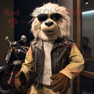 Cream Sloth Bear mascot costume character dressed with a Biker Jacket and Cummerbunds