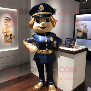 Gold Police Officer mascot costume character dressed with a Skirt and Lapel pins