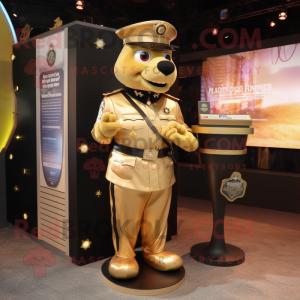 Gold Police Officer mascot costume character dressed with a Skirt and Lapel pins