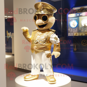 Gold Police Officer mascot costume character dressed with a Skirt and Lapel pins