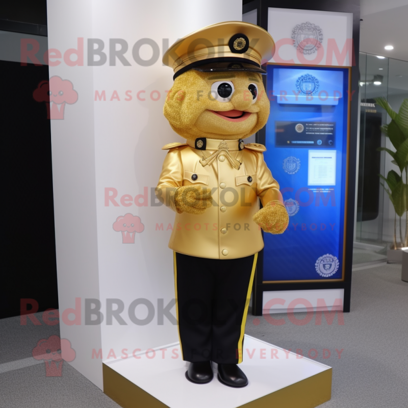Gold Police Officer mascot costume character dressed with a Skirt and Lapel pins Gold Police Officer mascot costume character dressed with a Skirt and Lapel pins