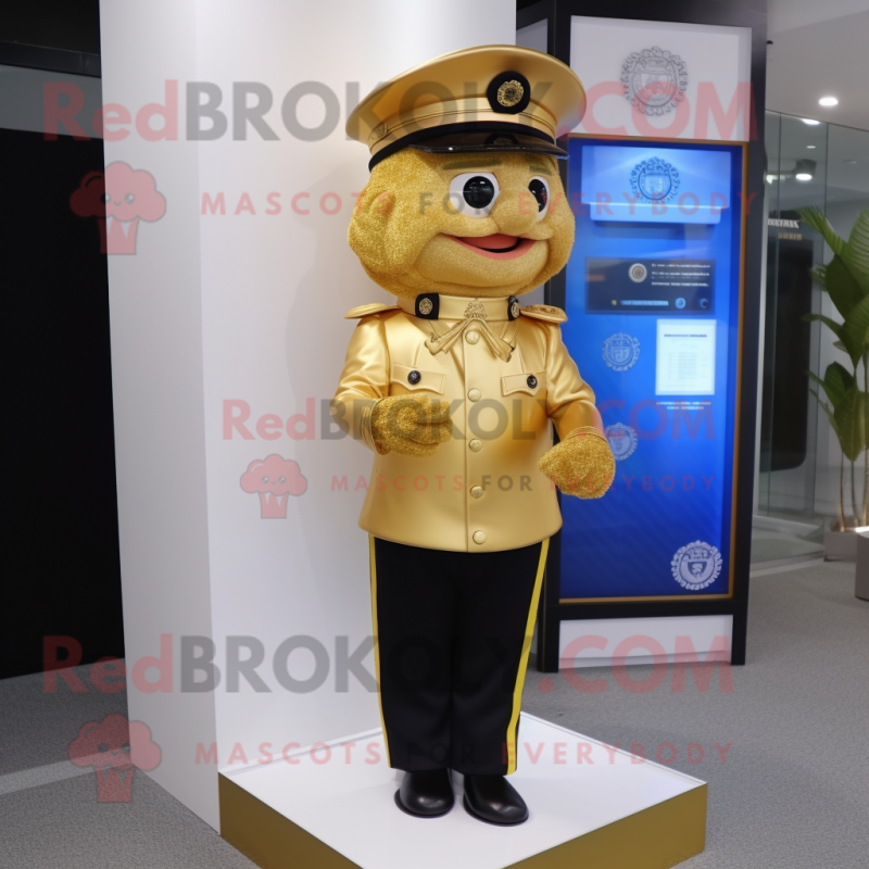 Gold Police Officer mascot costume character dressed with a Skirt and Lapel pins