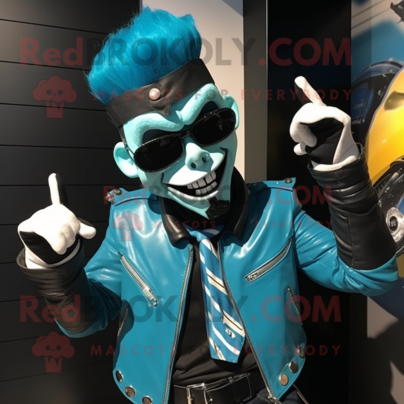 Turquoise Mime mascot costume character dressed with a Biker Jacket and Belts