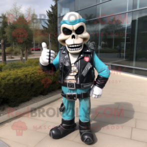 Turquoise Mime mascot costume character dressed with a Biker Jacket and Belts