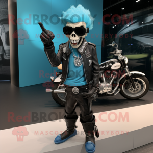 Personaje de traje de mascota Turquoise Mime vestido con una chaqueta de motociclista y cinturones