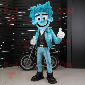 Turquoise Mime mascot costume character dressed with a Biker Jacket and Belts
