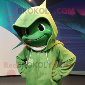 Green Manta Ray mascot costume character dressed with a Hoodie and Berets