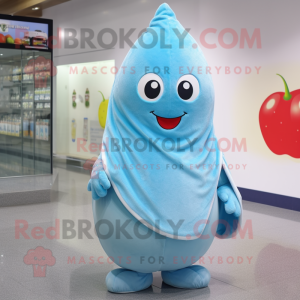 Sky Blue Pear maskot drakt figur kledd med hettegenser og skjerfklemmer