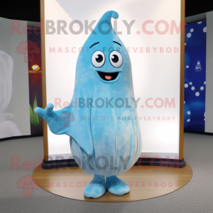 Sky Blue Pear maskot drakt figur kledd med hettegenser og skjerfklemmer
