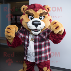 Maroon Saber-Toothed Tiger mascot costume character dressed with a Flannel Shirt and Bracelets