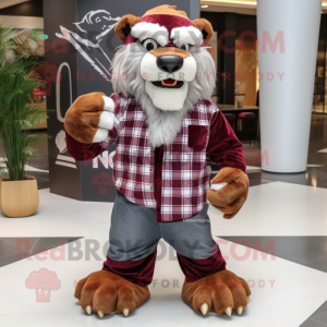 Maroon Sabeltannt Tiger maskot drakt figur kledd med en flanellskjorte og armbånd