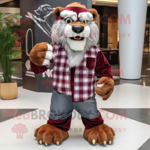 Maroon Saber-Toothed Tiger mascot costume character dressed with a Flannel Shirt and Bracelets