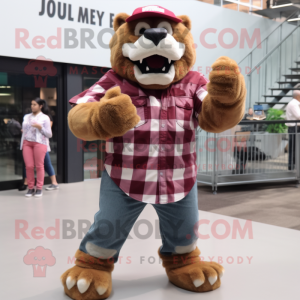 Maroon Saber-Toothed Tiger mascot costume character dressed with a Flannel Shirt and Bracelets