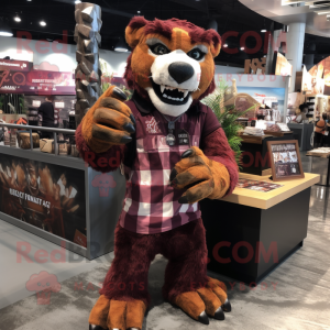 Maroon Saber-Toothed Tiger mascot costume character dressed with a Flannel Shirt and Bracelets