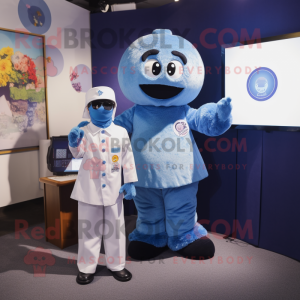 Blue Plum mascot costume character dressed with a Poplin Shirt and Watches